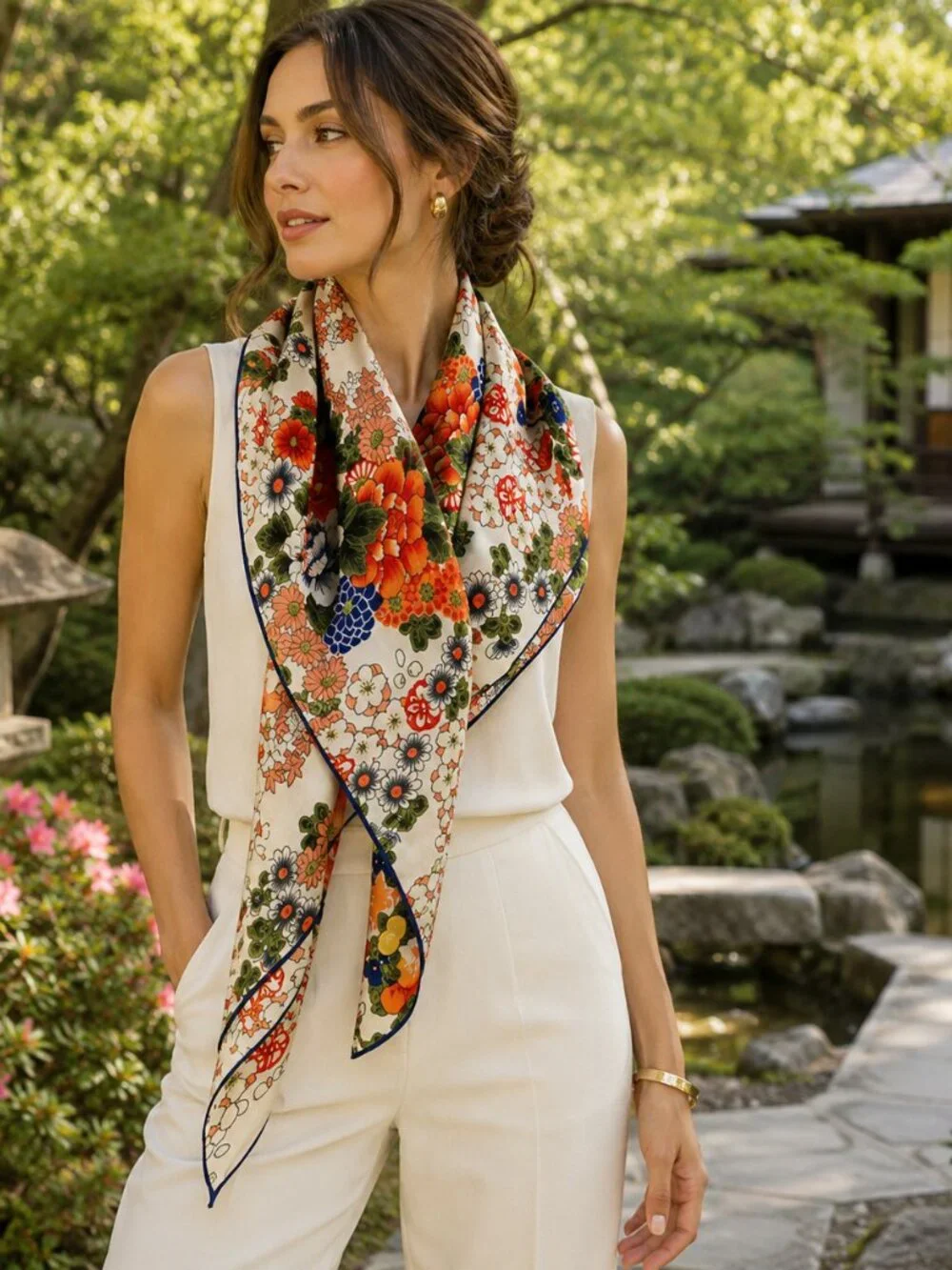 Japanese Inspired Floral Square Scarf Ivory Orange Blue Green 34